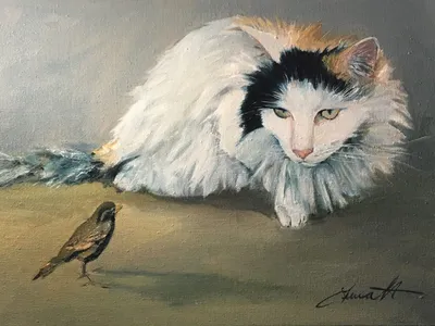 Oil portrait of Lani, a long-haired tuxedo cat watching a small bird