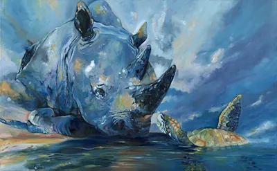 Painting of a blue rhinoceros facing a tortoise in water
