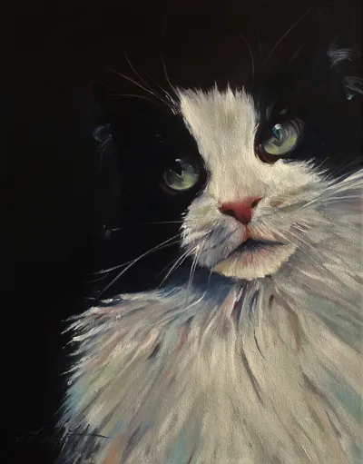 Oil portrait of Teddy Roosevelt, a black-and-white cat with green eyes
